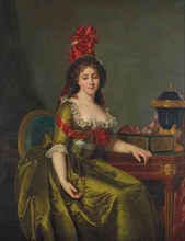 Portrait of a lady, in a green satin dress and a bonnet with red ribbons. Creator: Ducreux, Rose-Adelaïde (1761-1802).