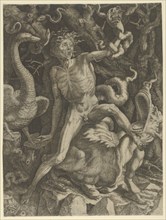 Fury personified as an old man riding a monster, holding a skull in his left hand, c..., ca.1520-39. Creator: Giovanni Jacopo Caraglio.