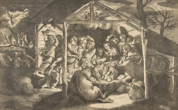 The adoration of the shepherds, various figures surrounding the Christ Child in the cen..., 1531-76. Creator: Giulio Bonasone.