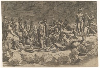 Assembly of the Gods after the ceiling composition in the Loggia di Psiche, Villa Farnesin..., 1527. Creator: Giovanni Jacopo Caraglio.