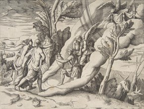 Jupiter and Juno being received in the heavens by Ganymede and Hebe, from the 'Division..., 1531-76. Creator: Giulio Bonasone.