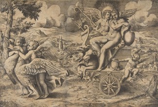 The triumph of Cupid and Psyche who are seated on a chariot drawn by two birds rest..., ca. 1550-67. Creator: Giulio Bonasone.