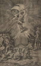 The resurrection of Christ, holding a banner in his right hand, soldiers surrounding the t..., 1561. Creator: Giulio Bonasone.
