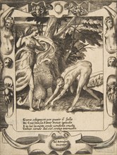 Juno sending famine against Crasiton, set within an elaborate frame, from 'Loves, Rages..., 1531-76. Creator: Giulio Bonasone.