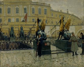 Revolutionary sailors guarding the Petrograd State Bank, 1927. Creator: Bely, Alexander Fyodorovich (1875-1934).