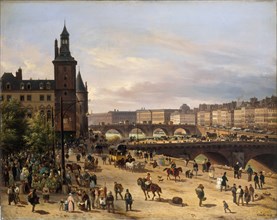 Le marché aux fleurs, la Tour de l'Horloge, le Pont au Change et le Pont-Neuf, 1832. Creator: Canella, Giuseppe, the Elder (1788-1847).