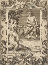 Juno at left asks Jupiter to help the Greeks, set within an elaborate frame, from the '..., 1531-76. Creator: Giulio Bonasone.