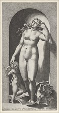 Plate 10: Venus in a niche, standing on a conch shell, with Cupid to her right, from a ser..., 1526. Creator: Giovanni Jacopo Caraglio.