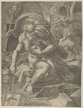 Diogenes seated with his barrel behind him, and reading a book while holding a stic..., ca. 1526-27. Creator: Giovanni Jacopo Caraglio.