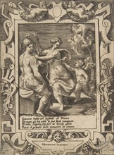 Athena seated near Juno who has taken away Cupid's arrows, set within an elaborate fram..., 1531-76. Creator: Giulio Bonasone.