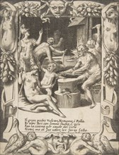 Vulcan, Neptune, Athena and other Gods making Shackles to pull Jupiter from the Heavens..., 1531-76. Creator: Giulio Bonasone.