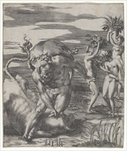Hercules defeating the river god Achelous in the form of a bull, with three women t..., ca. 1526-27. Creator: Giovanni Jacopo Caraglio.