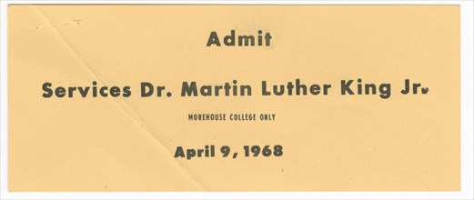 Ticket for funeral services for Martin Luther King, Jr. owned by Nina Simone, April 9, 1968. Creator: Unknown.