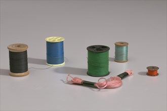 Six colors of thread from Mae's Millinery Shop, 1941-1994. Creator: Unknown.