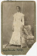 Photograph of Malenda Polk wearing a white, high collar dress., late 19th century. Creator: Unknown.