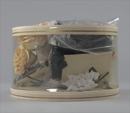 Hat box filled with tools and materials from Mae's Millinery Shop , 1941-1994. Creator: Unknown.