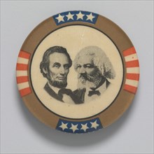 Pinback button featuring Abraham Lincoln and Frederick Douglass, 1960s. Creator: Unknown.