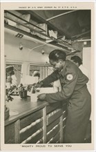 Picture postcard of a volunteer serving troops out of a Red Cross “Clubmobile", ca. 1945. Creator: Unknown.
