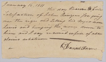 Payment receipt for the hiring out of an enslaved man named Lewis, January 16, 1811. Creator: Unknown.