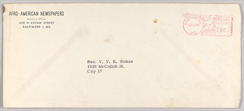 Envelope for a letter from Afro-American Newspapers to Rev. V. Stokes, September 16, 1958. Creator: Unknown.