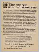 Flyer advertising a protest against the sale of the Krugerrand, 1977. Creator: Unknown.