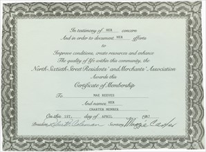 North Sixtieth Street Association membership certificate issued to Mae Reeves, 1987. Creator: Unknown.