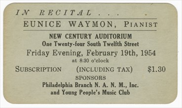 Promotional card for a piano recital given by Eunice Waymon (Nina Simone), 1954. Creator: Unknown.