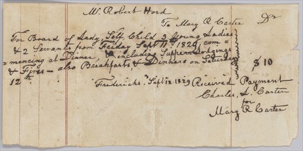 Payment receipt for room and board provided by Mary R. Carter, September 12, 1829. Creator: Unknown.