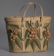 Woven basket purse with floral design from Mae's Millinery Shop, 1941-1994. Creator: Unknown.