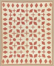 Cream and red appliqued quilted bedcover, ca. 1850. Creator: Unknown.