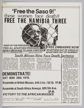 Flyer announcing "free the Saso 9" protest, 1976. Creator: Unknown.