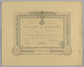 Certificate for French Croix de Guerre medal issued to Cpl. Lawrence L. McVey, March 2, 1928. Creator: Unknown.