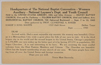 Form letter for National Baptist Convention in Chicago, 1943. Creator: Unknown.