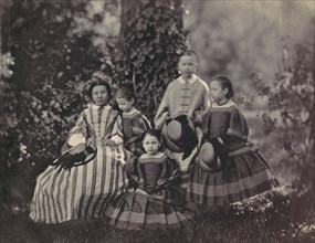 [Seated Lady in Striped Dress with Four Little Girls], 1850s-60s. Creator: Franz Antoine.