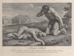 Adam kneels in grief beside the body of Abel, while Cain flees in the background, ca. ..., ca. 1729. Creator: Frédéric Horthemels.
