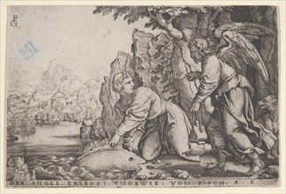 Tobiolus Catches the Fish, from The Story of Tobias, 1543. Creator: Georg Pencz.