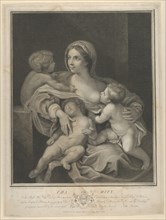 Charity seated nursing an infant, another sleeping on her lap and a third talking to her, ..., 1793. Creator: James Parker.