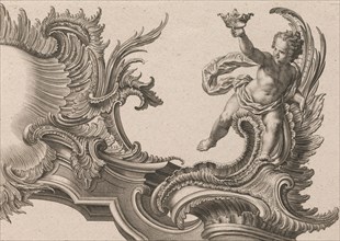 Design for a Rocaille Cartouche with the Figure of a Putto, Plate 3 from an..., Printed ca. 1750-56. Creator: Jacob Gottlieb Thelot.