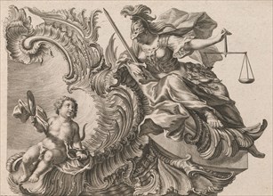 Design for a Rocaille Cartouche with the Figure of Justitia, Plate 2 from a..., Printed ca. 1750-56. Creator: Jacob Gottlieb Thelot.