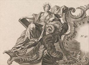 Design for a Rocaille Cartouche with the Figure of Prudentia, Plate 1 from ..., Printed ca. 1750-56. Creator: Jacob Gottlieb Thelot.