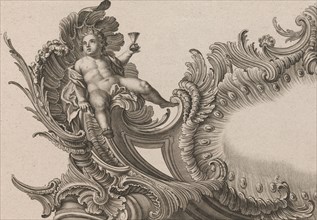 Design for a Rocaille Cartouche with the Figure of Putto holding up a Cup, ..., Printed ca. 1750-56. Creator: Jacob Gottlieb Thelot.