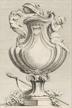 Design for a vase with a faun and a nymph, from Livre de Vases (Book of Vases), plate 1..., 1742-50. Creator: Gabriel Huquier.