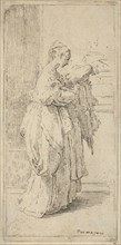 Girl carrying a cushion, seen in profile facing right, 1590-1690. Creator: Guido Reni.