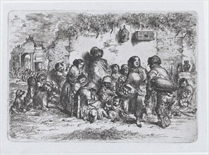 Plate 11: a group of people outdoors, from the series of customs and pastimes of the Spani..., 1850. Creator: Francisco Lameyer Berenguer.