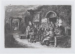Plate 18: street musicians and other figures outisde a tavern, from the series of customs ..., 1850. Creator: Francisco Lameyer Berenguer.