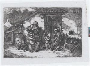 Plate 19: a family and a boy playing with a dog outside a house, from the series of custom..., 1850. Creator: Francisco Lameyer Berenguer.