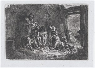Plate 8: a group of figures some of whom are playing a game, from the series of customs an..., 1850. Creator: Francisco Lameyer Berenguer.