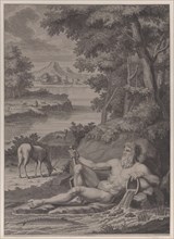 River god in a landscape, 1725. Creator: Frederik Ottens.