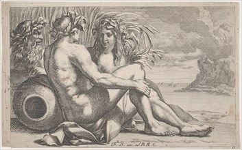 River gods reclining before a seascape, 1651-82. Creator: François Bourlier.