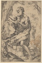 Saint Jerome kneeling on a rock in front of a cross and an open book facing left,..., ca. 1600-1640. Creator: Guido Reni.